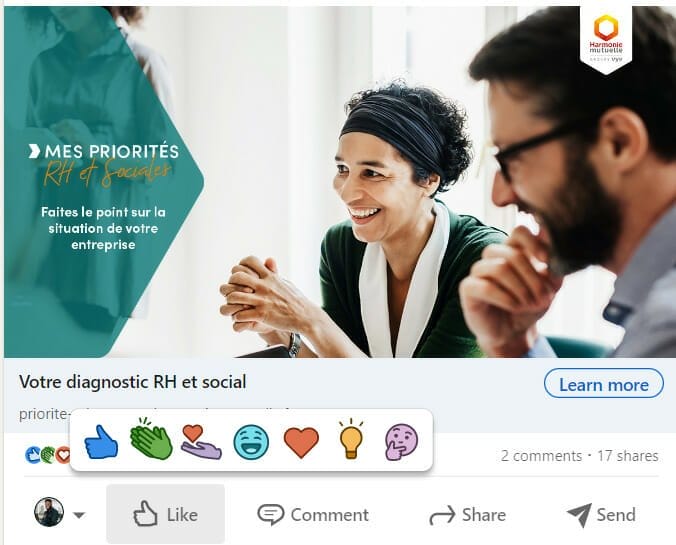 Capture des Emoji qui s'affichent dans les options de reaction Linkedin